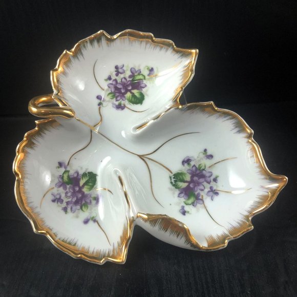 NAPCO Candy Nut Nappy Dish Violets Porcelain Trimmed in Gold Gilded MCM - Picture 1 of 7